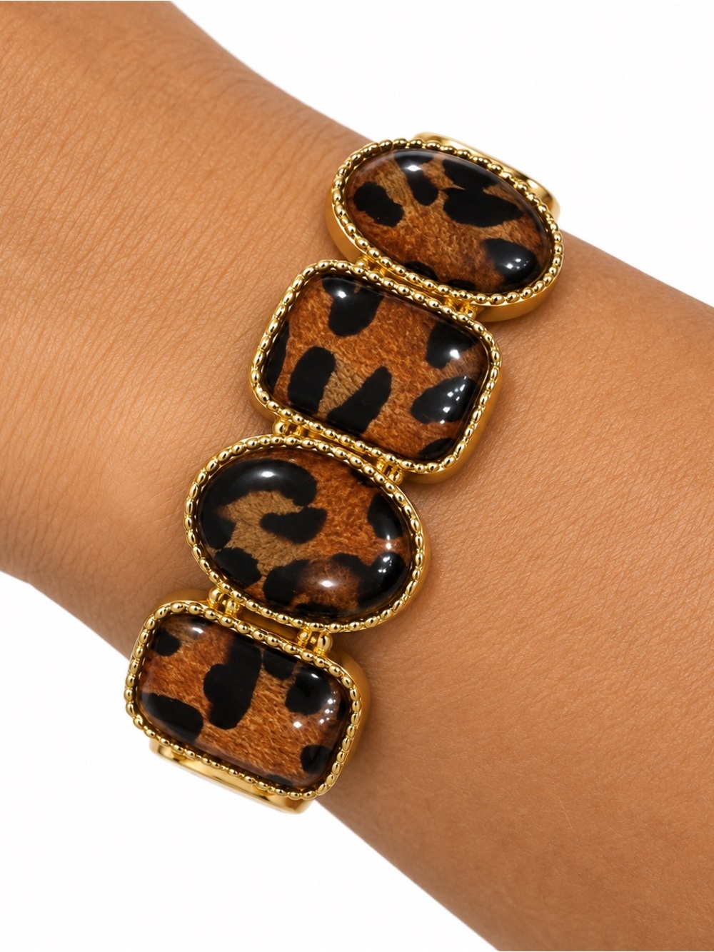 Gold-Tone Bracelet with Brown Leopard-Print Accents - stretchy bracelet